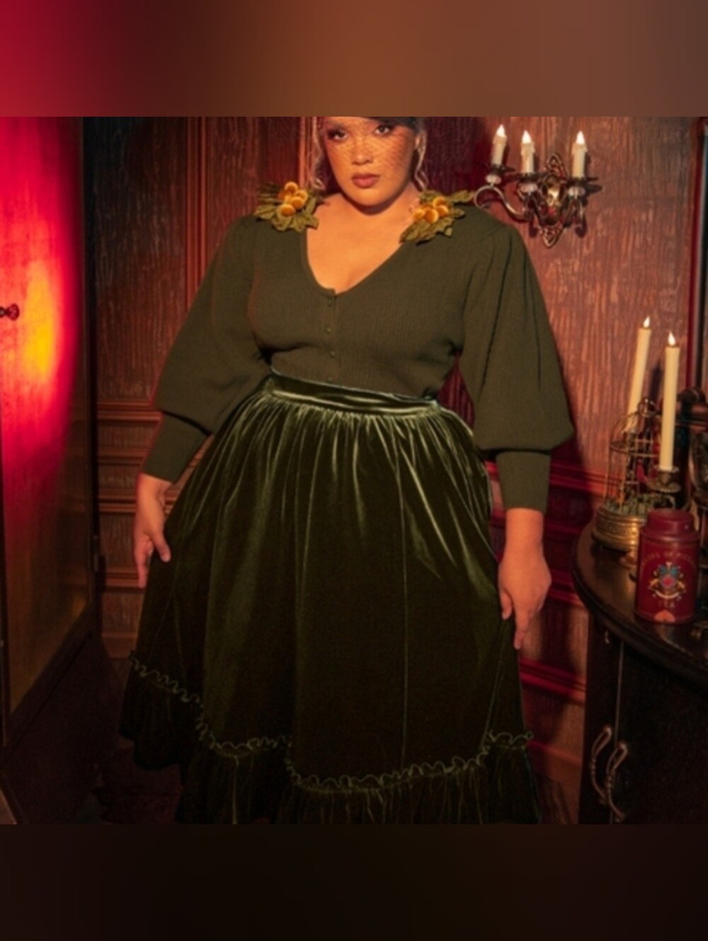 The Victorian Velvet Bustle Skirt In Olive Green, Crimson Peak Collection